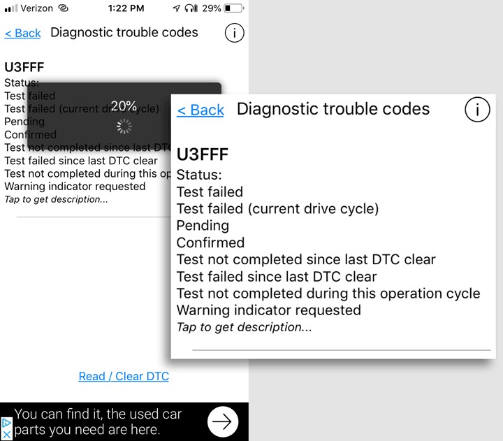 OBD II scanner displaying data