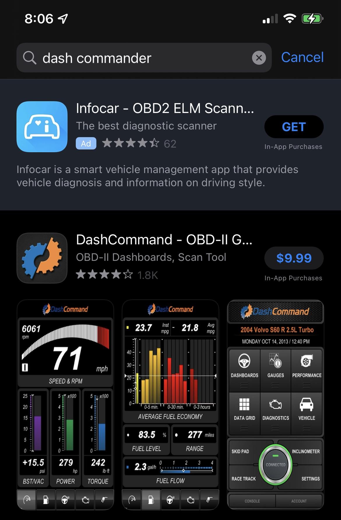 Car Scanner ELM OBD2 app interface on iPhone