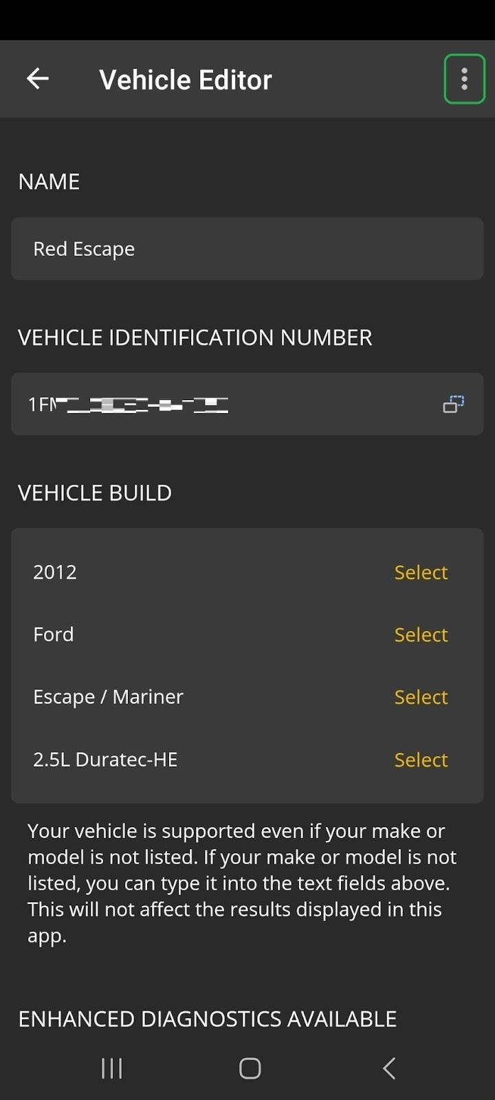 Android screen showing the Vehicle Editor screen. The Menu button (3 dots) is highlighted.