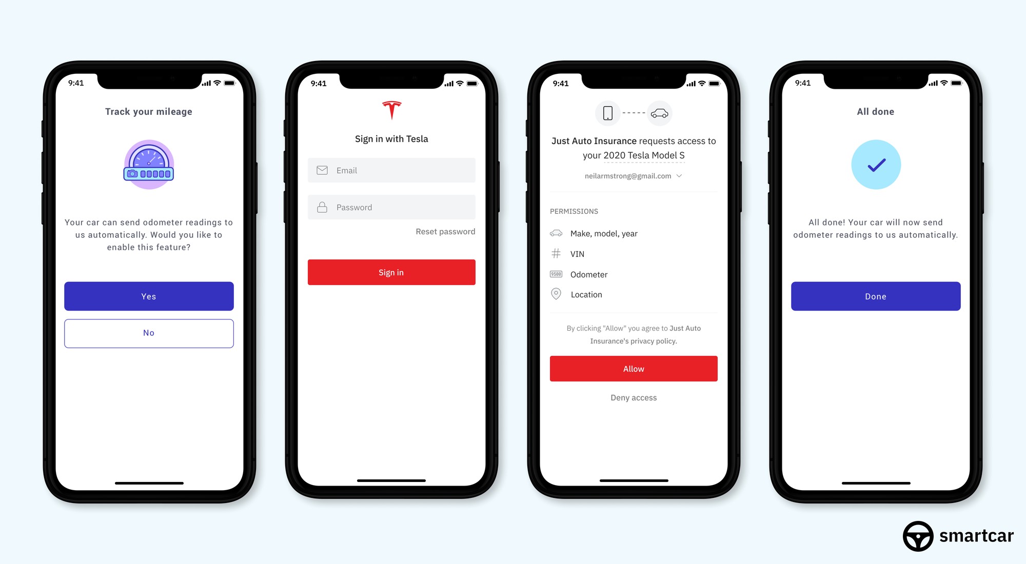Phone screens showing a vehicle being connected to the Just Auto Insurance mobile app