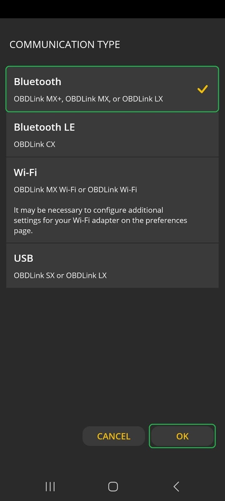 Android Communication Type menu. The Bluetooth option and OK button are highlighted.