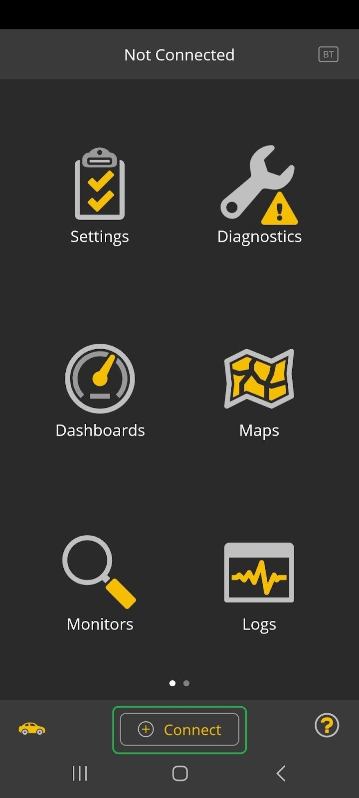 Android home screen with the Connect button highlighted.