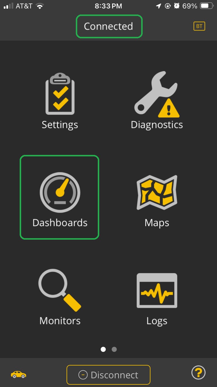 iOS Home screen with the Dashboards icon and Connected both highlighted.