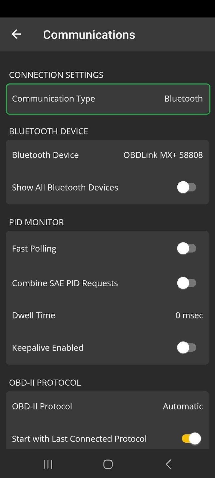 Android Settings Communications menu. The Connection Settings option is highlighted.