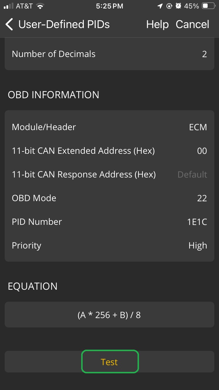 iOS screen showing the User-Defined PID Editor screen. The Test button is highlighted.