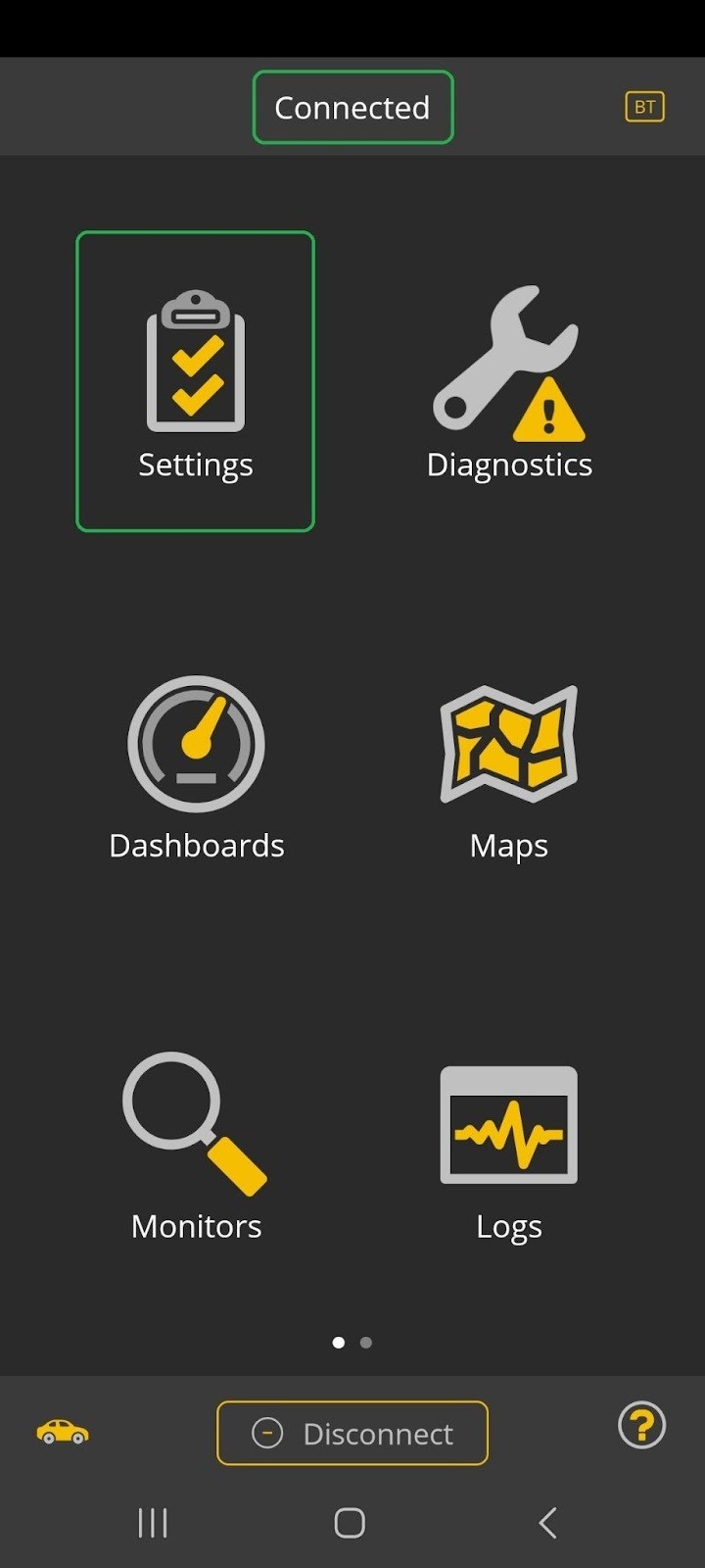 Android screen showing the OBDLink app Home screen. The Connected indicator and the Settings icon are highlighted.