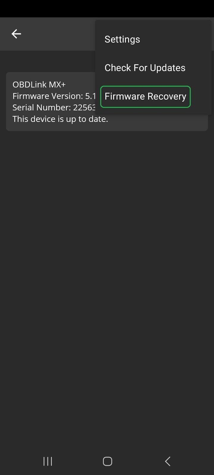 Android Firmware Updates Menu options. The Firmware Recovery button is highlighted.