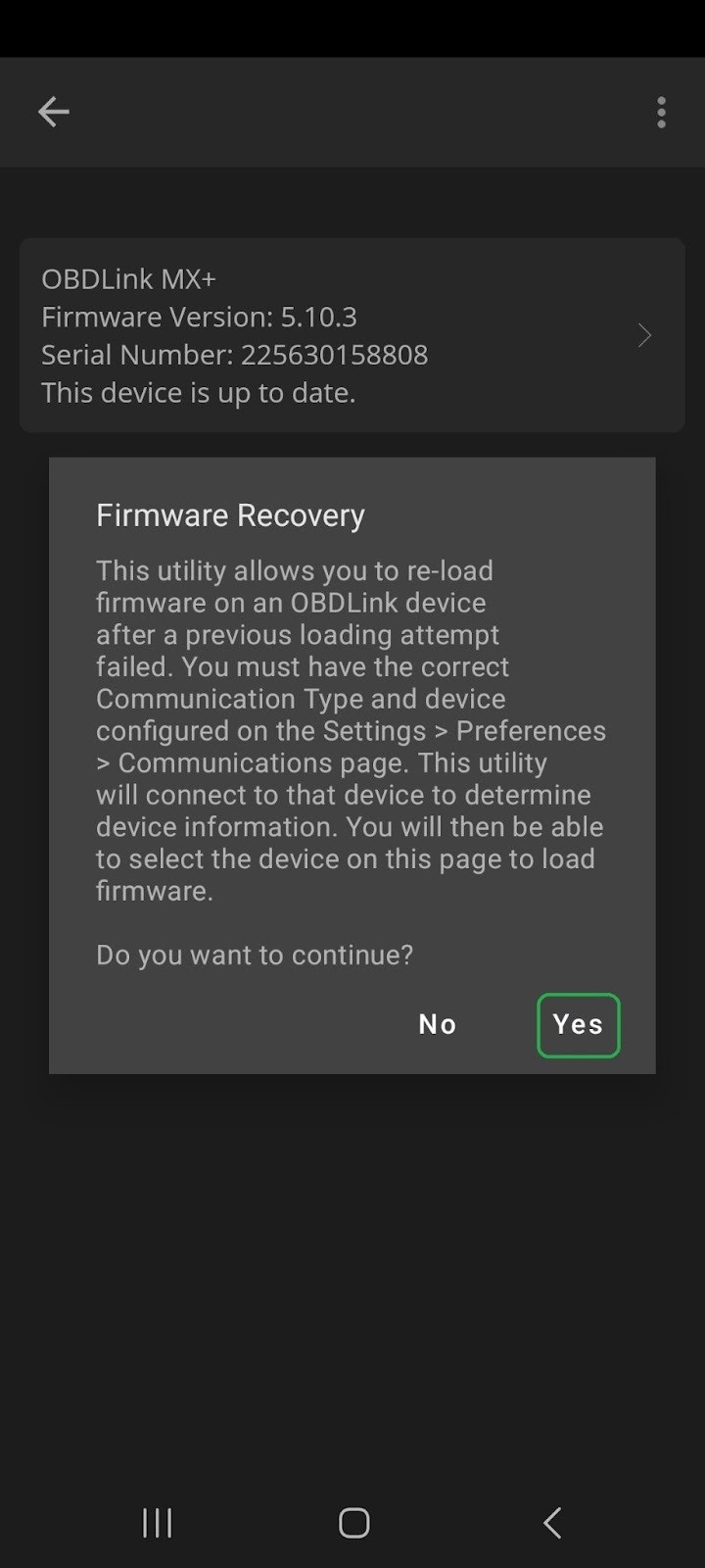 Android Firmware Recovery confirmation screen. The Yes button is highlighted.