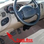 Passenger compartment fuse box location in a 2002 Ford F-150, showcasing the fuse panel beneath the steering wheel