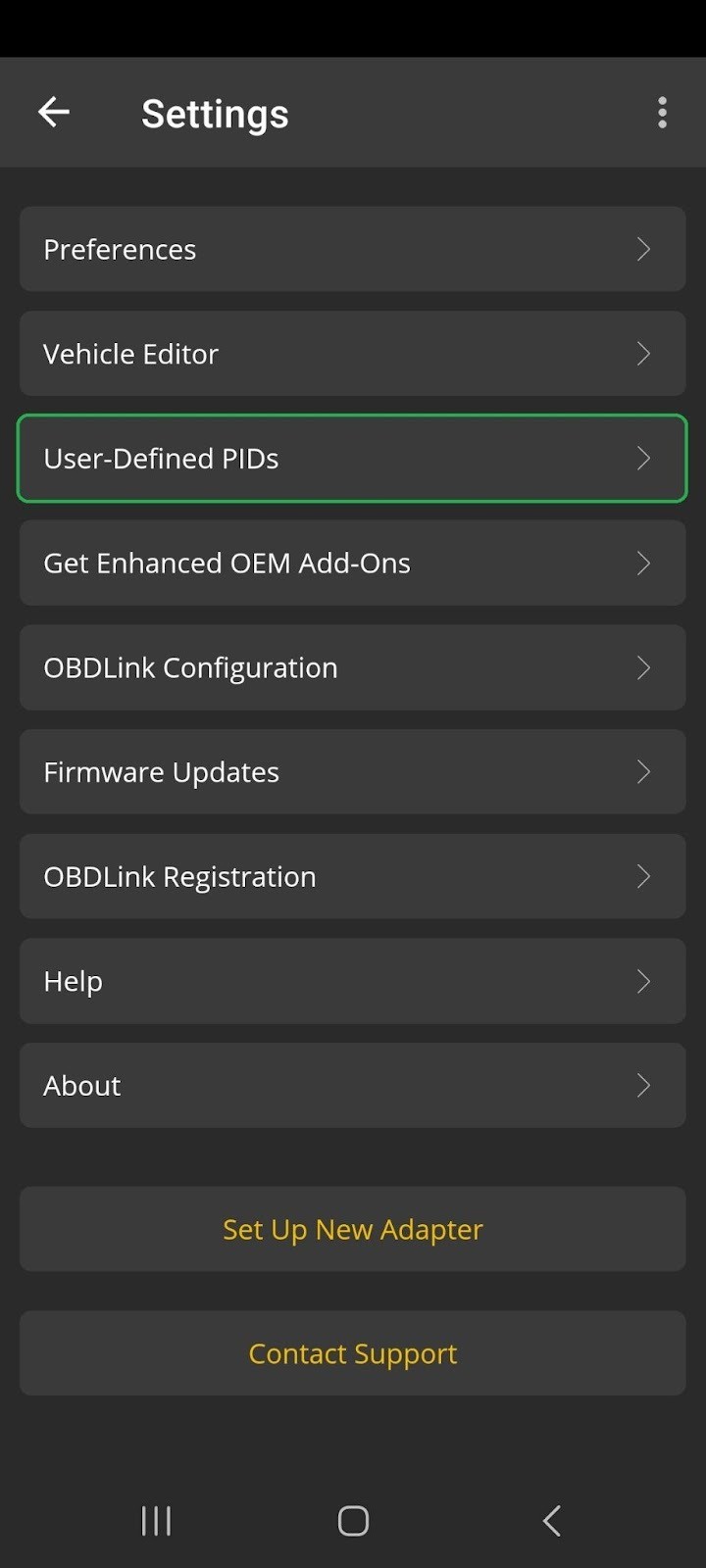 Android screen with User-Defined PIDs highlighted.