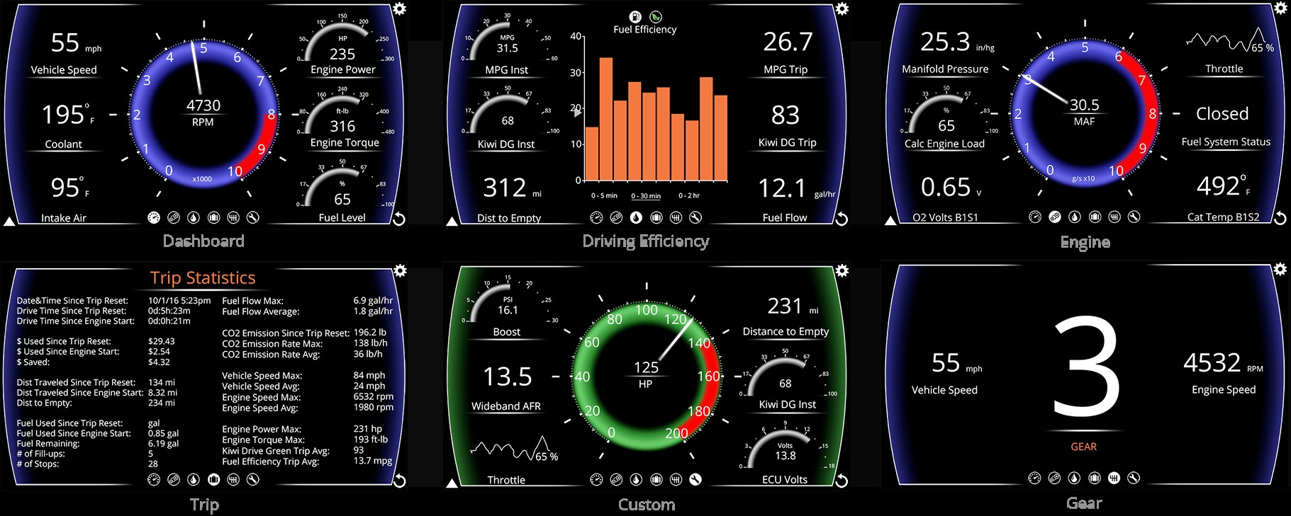 Kiwi OBD2 App Screens