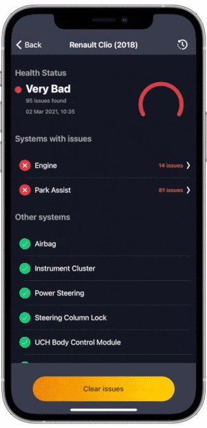 Screenshot of fault codes displayed on a smartphone app connected to an OBD2 scanner
