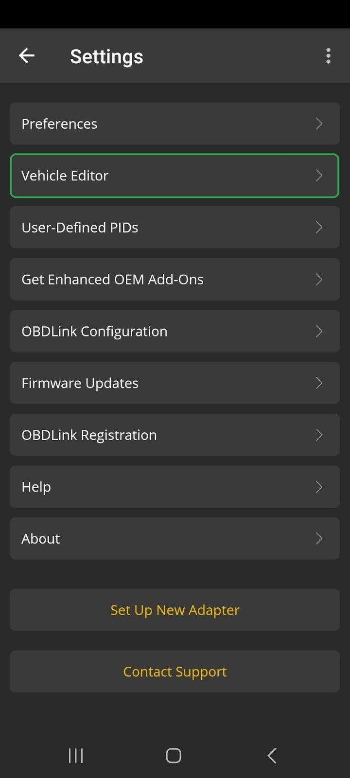Android screen showing the Settings screen. The Vehicle Editor option is highlighted.