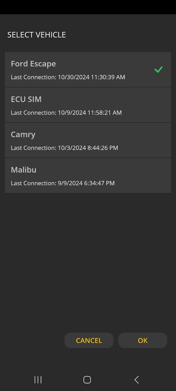 Android screen showing the Select Vehicle screen. A vehicle labeled 