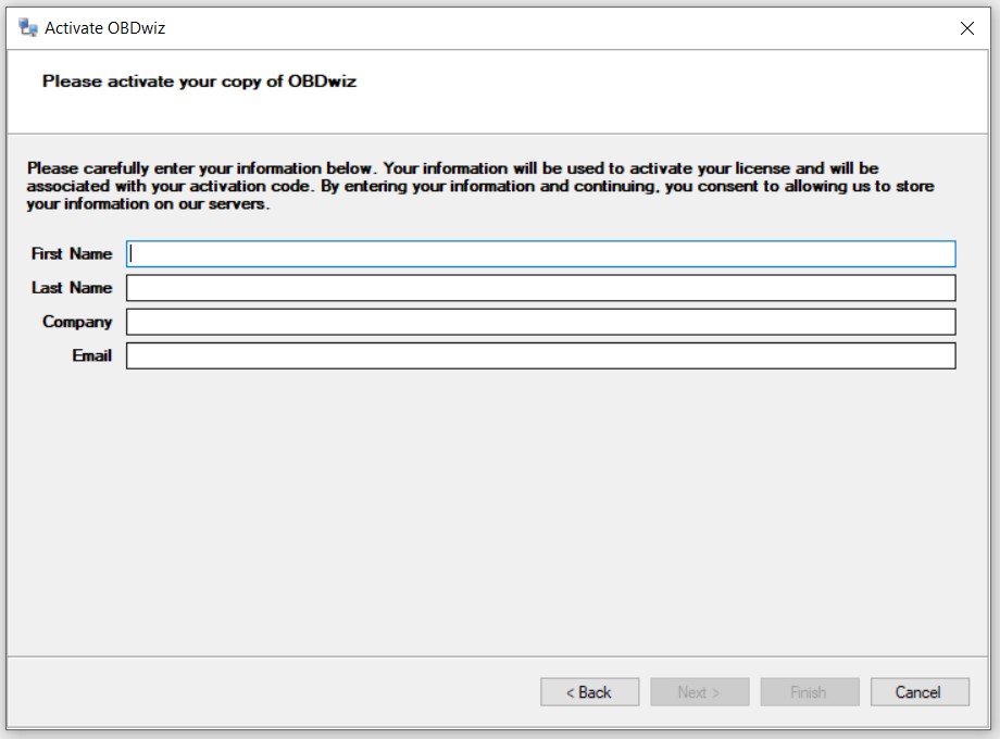 OBDwiz license activation screen. All the fields are blank.