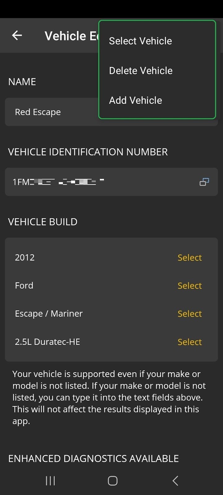 Android screen showing the Vehicle Editor screen. The Menu options are highlighted.