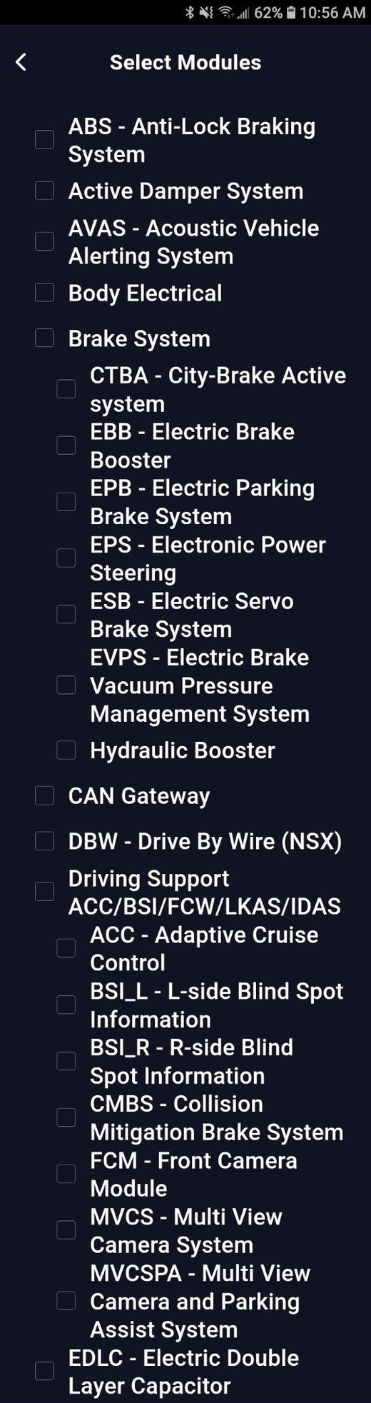 Hyper Tough OBD2 Bluetooth scanner custom scan options screen