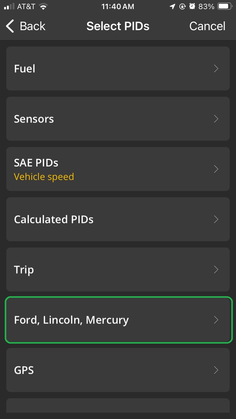 iOS Select PIDs screen with Ford, Lincoln, Mercury highlighted.