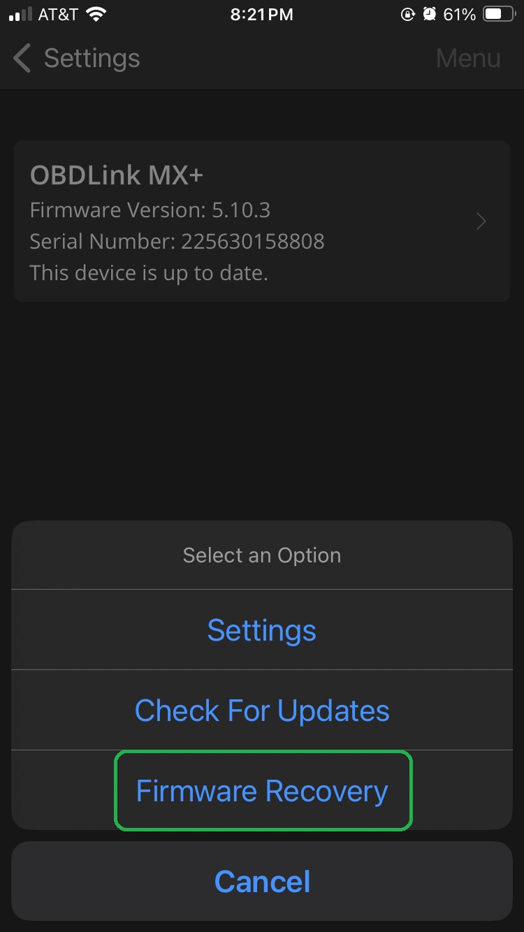 iOS Firmware Updates Menu options. The Firmware Recovery button is highlighted.