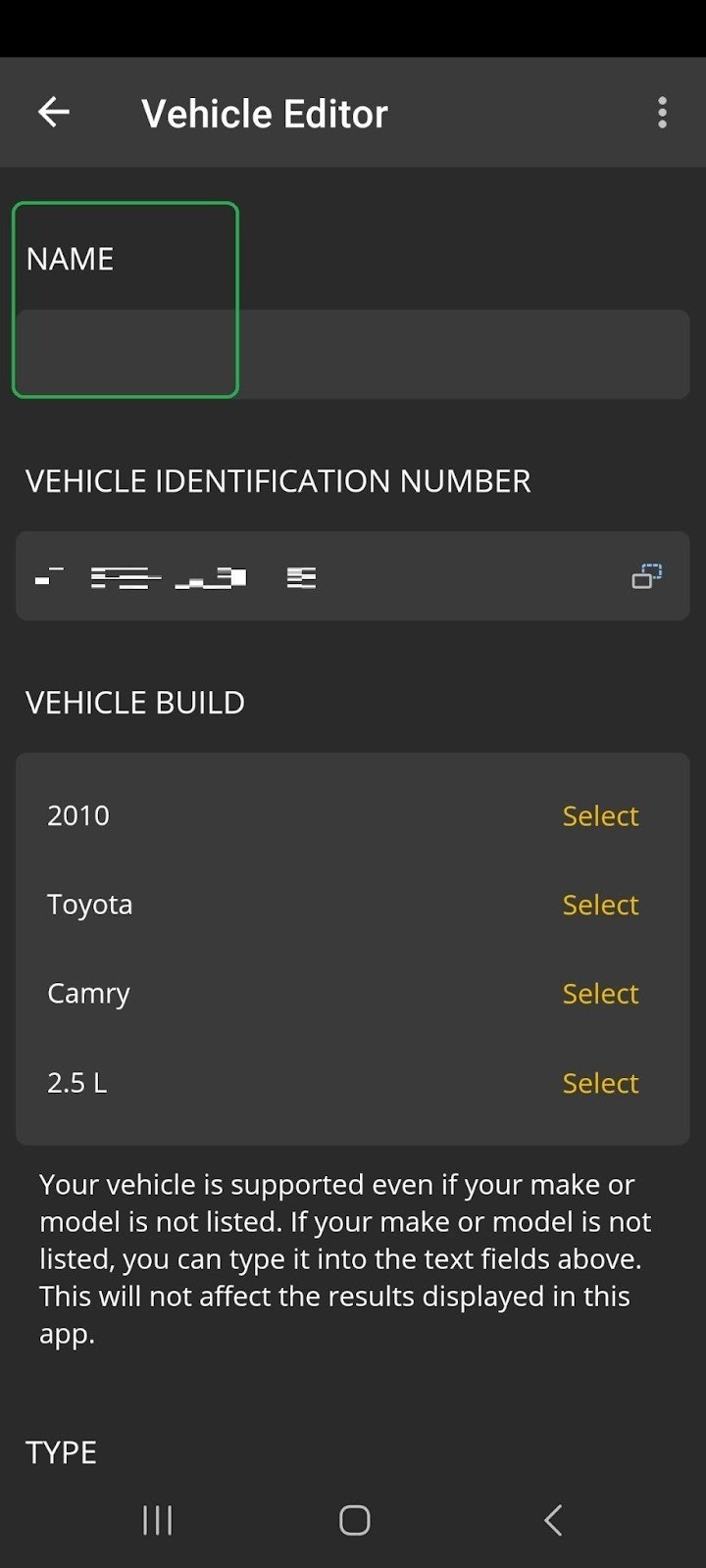 Android screen showing the Vehicle Editor options, highlighting the customized vehicle name