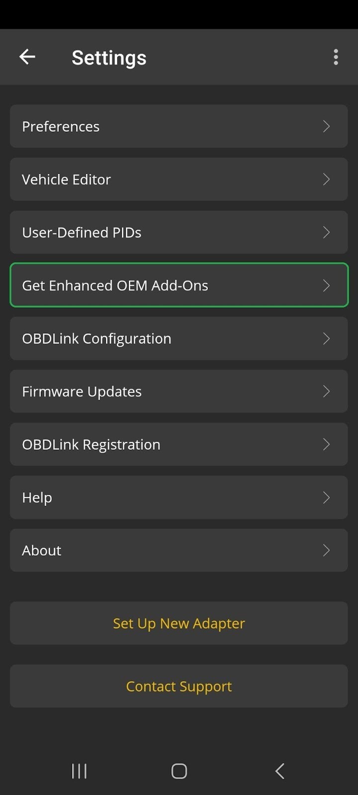 Android screen with the Get Enhanced OEM Add-Ons option highlighted.