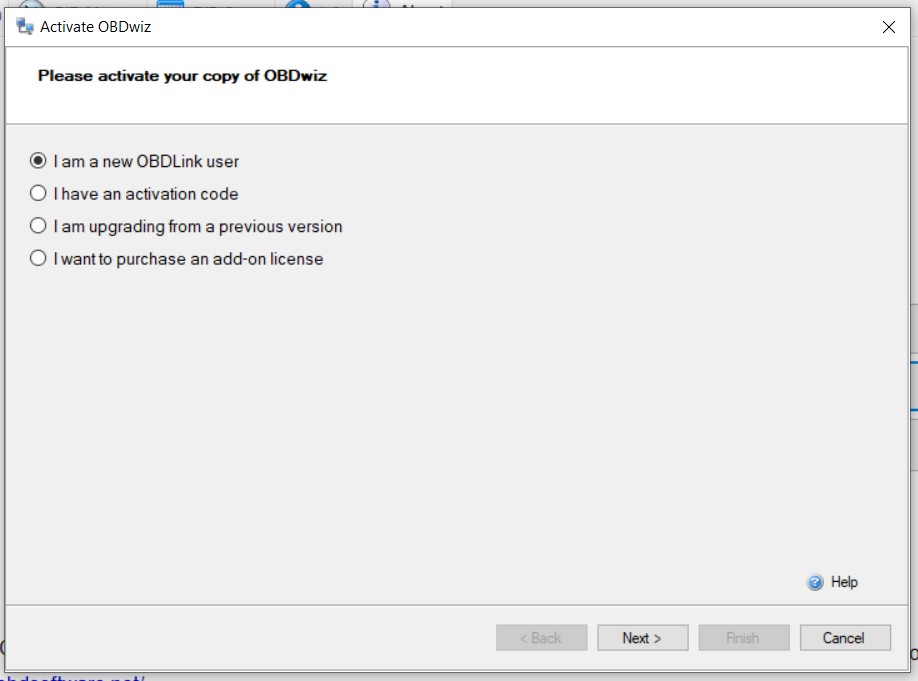 OBDwiz license activation screen. The option